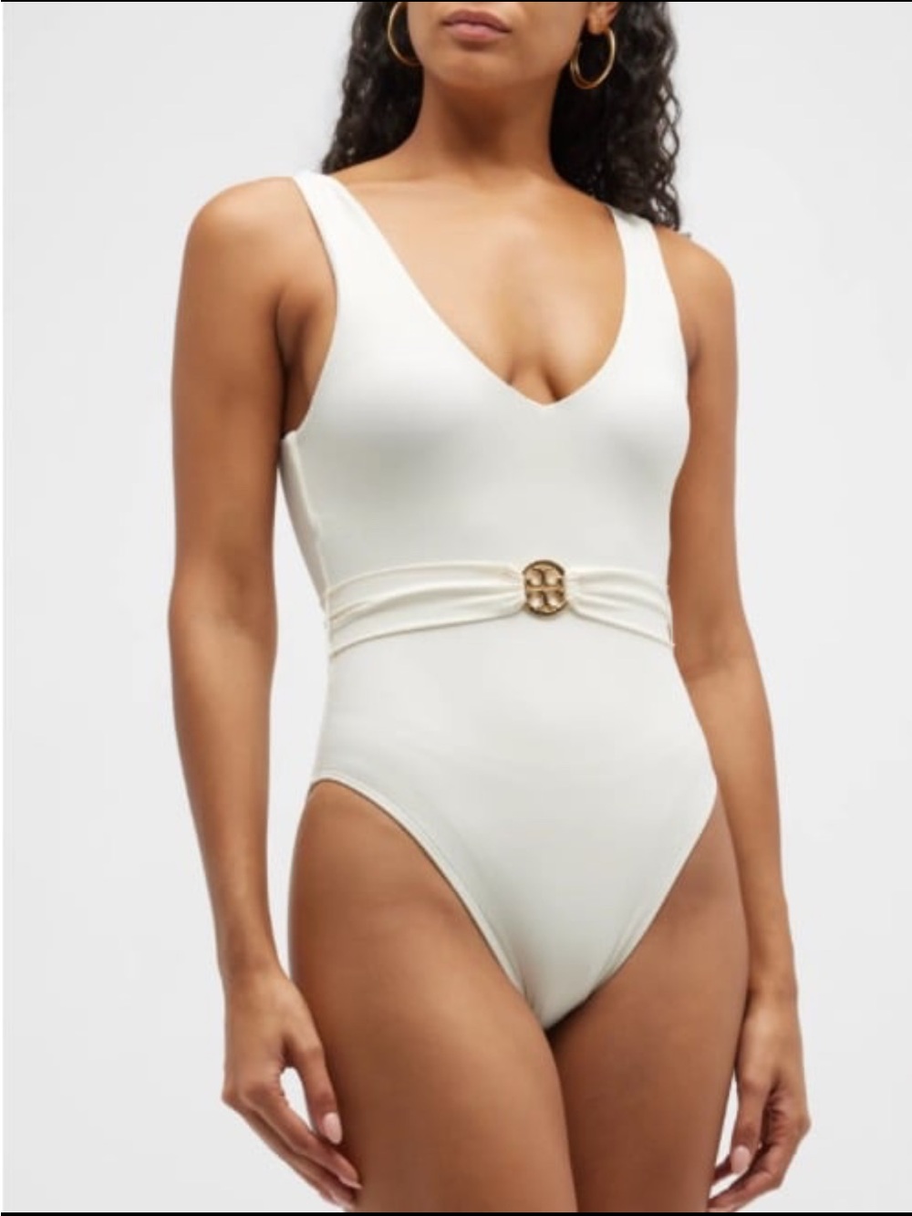 Tory Burch Cream V-Neck One-Piece Swimsuit with Gold Logo Belt